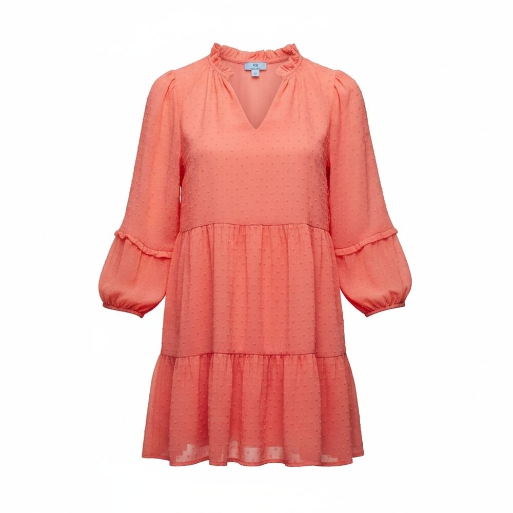 CeCe Coral Swiss Dot Tiered Babydoll Dress M Ruffle Neck Boho Mini Shift